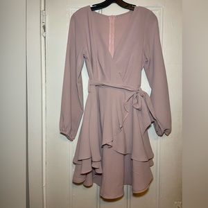 Pink deep v-neck long sleeve mini tie waist dress size small